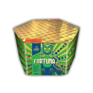 Iskra Fortuna 61 Schuss F3-Batterie (30 mm Kaliber, 976g NEM) mit Brokatkronen, Blinkern, Titan-Zerlegern und 40 Meter Effekthöhe.