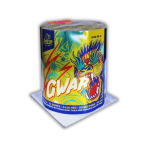 Iskra GWAR F3 – 10 Schuss Batterie mit 30mm Kaliber, Brokatkronen, Gold-Titanium-Weiden und Dahlien in Blau/Purpur/Rot/Gelb, mit Titanium Salute Finale.