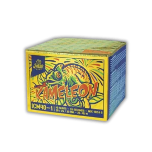 Iskra Kameleon 40 Schuss F2-Batterie (20–30 mm Kaliber) mit Goldschweif-Aufstieg, blauen Sternen und Verwandlungseffekten (Neonfarben).