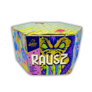 Iskra Rausz 61 Schuss F3-Batterie (30 mm Kaliber, 995g NEM) mit Brokatkronen, Goldpalmen, Crackling und 45 Meter Effekthöhe.