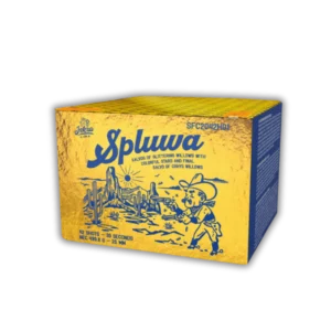 Iskra Spluwa 42 Schuss Salvenbatterie (25 mm Kaliber, 499g NEM) mit Goldglitzer-Weiden, bunten Sternen und 30 Meter Effekthöhe.