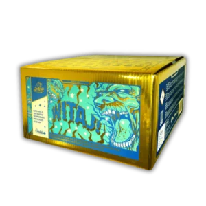 Iskra Witaj 100 Schuss F3-Verbund (30 mm Kaliber, 2,3 kg NEM) mit Gold-Titan-Weiden, blauen Sternen, Blinkern und 50 Meter Effekthöhe.