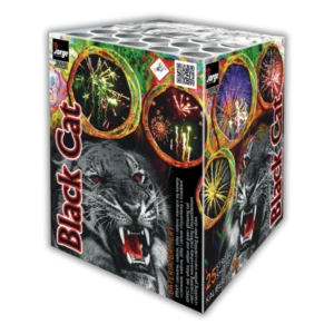 Jorge Black Cat 25 Schuss F3-Batterie (30 mm Kaliber) mit Blink-Kometen und Crackling-Chrysanthemen in Rot, Gelb und Grün.