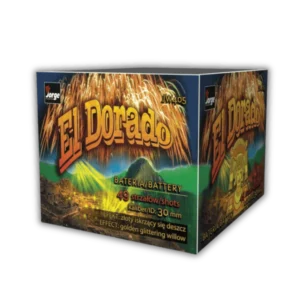 Jorge El Dorado 49 Schuss F3-Batterie (30 mm Kaliber, 980g NEM) mit Goldblinkerweiden und Goldblinker-Aufstiegen.