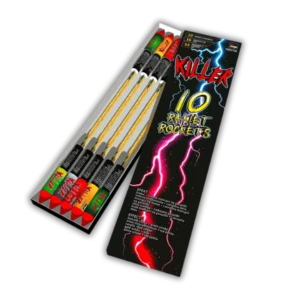 Jorge Killer Rockets 10er F2-Raketensortiment (160g NEM) mit Brokatkrone/Grünblinker, Corolla/Rotblinker und 50 Meter Effekthöhe.