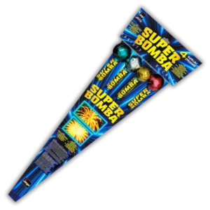 Jorge Super Bomba 4er F2+ Bombenraketen (50 mm Kaliber, 200g NEM) mit Brokatkronen, Violetten Dahlien, Time Rain und 50 Meter Effekthöhe.