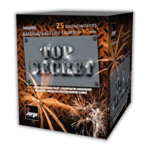 Jorge Top Secret 25 Schuss Batterie mit Gold-Crackling-Chrysanthemen mit bunten Spitzen und lautem 5er Finale.