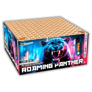Lesli Roaming Panther 144 Schuss Verbundfeuerwerk (1,789 kg NEM) mit 25 mm Kaliber, großen Goldpalmen und neonfarbenen Sternen.