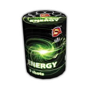 SR Pyro Energy 9 Schuss F3-Batterie (38 mm Kaliber) mit flimmernden Schweifaufstiegen und starkem Zerleger.