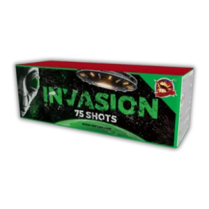 SR Pyro Invasion 75 Schuss Batterie mit Goldpalmen, Blinkern in Rot-Grün-Weiß und lautem Crackling-Finale.