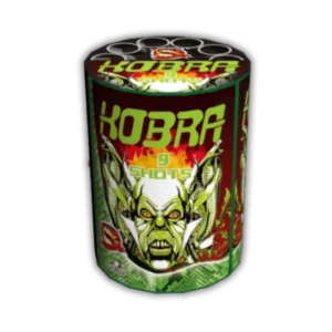 SR Pyro Kobra 9 Schuss F3-Batterie (38 mm Kaliber) mit gemischten Effekten und maximal starkem Zerleger.