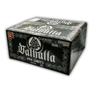 SR Pyro Valhalla 144 Schuss Verbundfeuerwerk (1656 g NEM) im 25 mm Kaliber mit I-W Shape, Goldkronen und Dahliensternen.