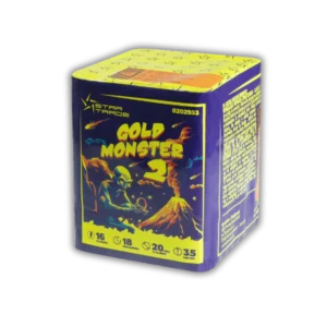 Startrade Gold Monster 2 Batterie mit gemischten Goldeffekten (Corolla, Brokat, Titangold), Goldschweif-Aufstieg und Weißblinker-Finale.