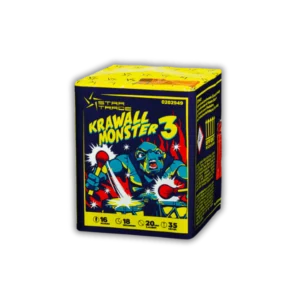 Startrade Krawallmonster 3 (16 Schuss Batterie) mit Corollaschweifen, Corollaweiden, blauen Sternen und krachendem Titansalut.