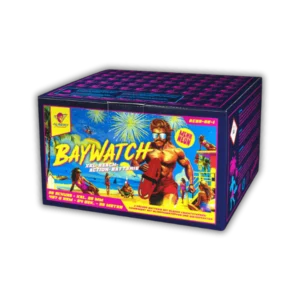 Albert Baywatch 35 Schuss F2-Batterie (497g NEM) mit wuchtigen Fächer-Salven aus Goldblinkern und blauen Sternen.