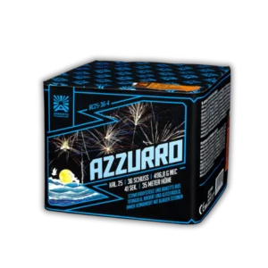Argento Azzurro 36 Schuss F2-Batterie (496,8g NEM) mit Titangold-, Brokat- und Glitzergold-Buketts, blauen Sternen und blauen Spitzen.