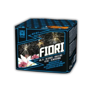 Argento Fiori 36 Schuss F2-Batterie (496,8g NEM) mit Brokatgold- und Titangold-Buketts sowie wechselnden bunten Verwandlungs- und Blinkspitzen.