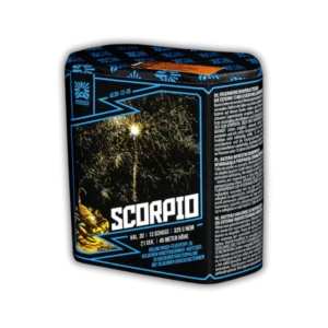 Argento Scorpio 25 Schuss F2-Batterie (497,5g NEM) mit 30mm Kaliber, Brokatkronen, rot-grünen Blinkern, farbigen Spitzen und Crackling-Salven-Finale.