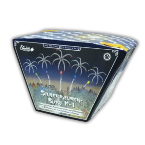 Funke Silberpalmen Bunt F-1 (25 Schuss, 500g NEM, 30mm Kaliber) jugendfreie Batterie mit Silberpalmen und bunten Dahlien (40 Meter Höhe).
