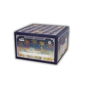 Funke Yggdrasil 100 Schuss F2-Verbundsortiment (2500g NEM, 30mm) mit bunten Feuertöpfen, Brokatpalmen und Dahliensternen.