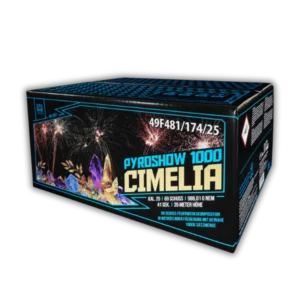 Argento Pyroshow 1000 Cimelia 69 Schuss F2-Verbundfeuerwerk (986g NEM) mit Blinkern in Gold/Rot/Grün, Brokatkronen, Titangoldweiden und wuchtiger V/W/Z-Fächerung.