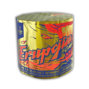 Iskra Erupcjia F3-Batterie [Batch 2025] (10 XXL-Schuss, 50mm Kaliber) mit Crackling- und Glitzerweiden, bunten Sternen und Stroboeffekten.