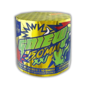 Iskra Gniew F3-Batterie [Batch 2025] (10 XXL-Schuss, 50mm Kaliber) mit mächtigen Glitter-Weiden, farbigen Sternen und Blinkeffekten.