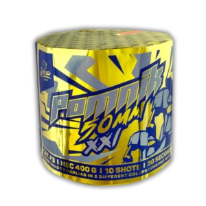 Iskra Pomnik F3-Batterie [Batch 2025] (10 XXL-Schuss, 50mm Kaliber) mit bunten Dahlien (5 Farben) und intensiven Stroboeffekten.