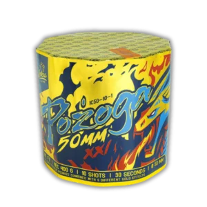 Iskra Pożoga F3-Batterie [Batch 2025] (10 XXL-Schuss, 50mm Kaliber) mit blauen Päonien und 5 verschiedenen Goldeffekten.