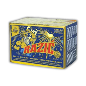 Iskra Razic 44 Schuss F2-Batterie (492g NEM) mit Goldeffekten, farbigen Blinkern, Heuler-Wirbeln, Titansalut und 35 Meter Effekthöhe.