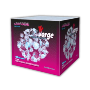 Jorge JW408 Show of Fireworks 49 Schuss F3-Fächerbatterie (980g NEM) mit Brokatkronen, Blinksternen, Crackling und 50 Meter Effekthöhe.