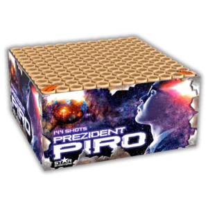 Lesli Prezident Piro 144 Schuss F2-Verbund (2 kg NEM) mit Gold- und Silberpalmen, Blinkern und 35 Meter Effekthöhe.