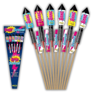 Nico Bang and Scream 11er F2-Raketensortiment (164g NEM) mit Heulton-Aufstieg, kräftigem Knall/Bang und 45 Meter Effekthöhe.