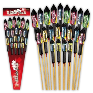 Nico Black Jack 21er F2-Raketensortiment (355g NEM) mit Gold-Glitzer, Blinksternen, bunten Dahlien und 50 Meter Effekthöhe.