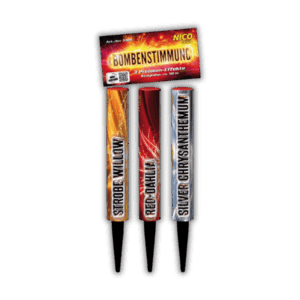 Nico Bombenstimmung 3er F2-Bombenrohr-Set (60g NEM) mit Titanium-Effekten, farbigen Buketts und 40 Meter Effekthöhe.