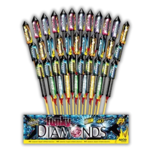 Nico Funky Diamonds 40er F2-Raketensortiment (480g NEM) mit bunten, brillanten Sternen, Glitzer-Effekten und 50 Meter Effekthöhe.
