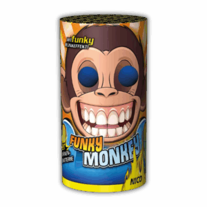 Nico Funky Monkey F2-Bodenfontäne (30 Sek., 90g NEM) mit bunten Dahliensternen, Glitzer, Crackling und 5 Meter Effekthöhe.