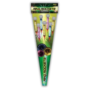 Nico Ring Rockets 7er F2-Raketensortiment (78g NEM) mit Ring-Effekt (Ringbukett), bunten Sternen und 40 Meter Effekthöhe.
