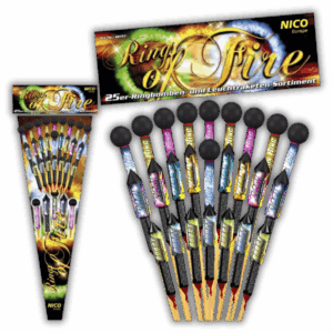 Nico Rings of Fire 25er F2-Raketensortiment (250g NEM) mit klaren Ring-Formationen, Crackling und 50 Meter Effekthöhe.