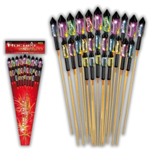 Nico Rocket World 27er F2-Raketensortiment (393g NEM) mit buntem Mix aus Knister-, Knall- und Gold-Effekten und 45 Meter Effekthöhe.