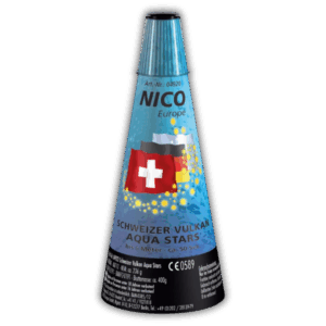 Nico Schweizer Vulkan Aqua Stars F2-Vulkan (50g NEM) mit Titansilberfunken, leuchtenden Aqua Stars und 5 Meter Effekthöhe.