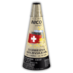Nico Schweizer-Goldvulkan F2-Vulkan (50 Sek.) mit Gold-Titansilberfunken, langsam aufbauend und 5 Meter Effekthöhe.