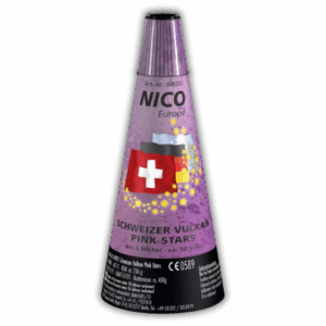 Nico Schweizer Vulkan Pink Stars F2-Vulkan (236g NEM) mit langbrennenden Titansilberfunken, Pink Stars und 7 Meter Effekthöhe.