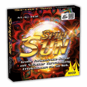 Nico Spirit Sun F2-Feuerwerkssonne (29g NEM) mit rotierendem Gold/Silber-Funken-Effekt.