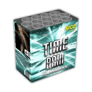 Nico Time Rain 13 Schuss F2-Batterie (30 mm Kaliber) mit Gold-/Silberschweif, langsam fallendem Time Rain (Goldregen) und 50 Meter Effekthöhe.