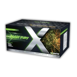 Pyro Moravia Blast Fury 113 Schuss F2-Verbund (1,99 kg NEM) mit Goldpalmen, Brokat, Blinkern und 50 Meter Effekthöhe.