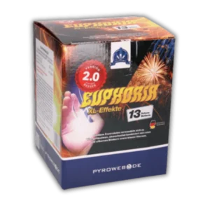 Pyroweb Euphoria 13 Schuss F2-Batterie (325g NEM) mit glitzernden Goldfunkenpalmen, sanftem Crackling und Rot-/Weißflimmer-Schweifkometen.
