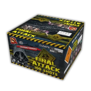 Das Verbundfeuerwerk Final Attack ist ein brachiales 100-Schuss-System der Kategorie F3 im massiven 38 mm Profi-Kaliber. Über eine imposante Laufzeit liefert dieser 1.3G-klassifizierte Verbund eine Highend-Performance mit einer gewaltigen Nettoexplosivstoffmasse von 3.880g. Dank des großen Kalibers erzeugt die Final Attack Buketts mit einer enormen Ausbreitung und einem extrem drückenden Zerlegerknall, der den Himmel komplett ausfüllt. Die präzise abgestimmte Choreografie und die professionelle Effektfülle machen diesen Verbund zu einem der stärksten Highlights für Scheininhaber.