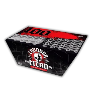 SR Pyro Thunder Titan 100 Schuss Salutbatterie, 20mm Kaliber, gefächerte Anordnung für maximale Breite.