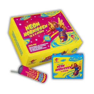 Albert Feuerwerk Neon Hornissen F2 im 4er Set mit Titanfunken, intensiven Neonfarben in Pink, Aqua und Orange sowie Silberknister-Finale.